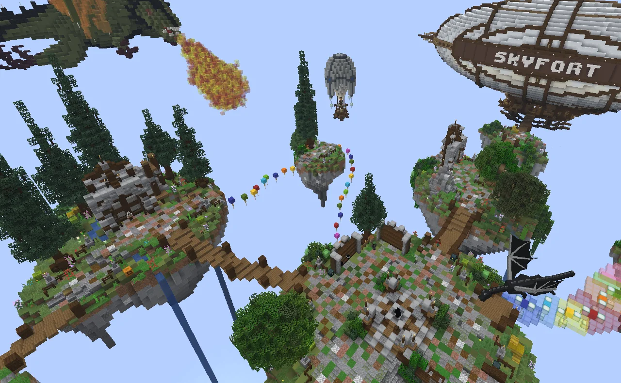 Floating islands, a dragon and the Skyfort airship in Minecraft